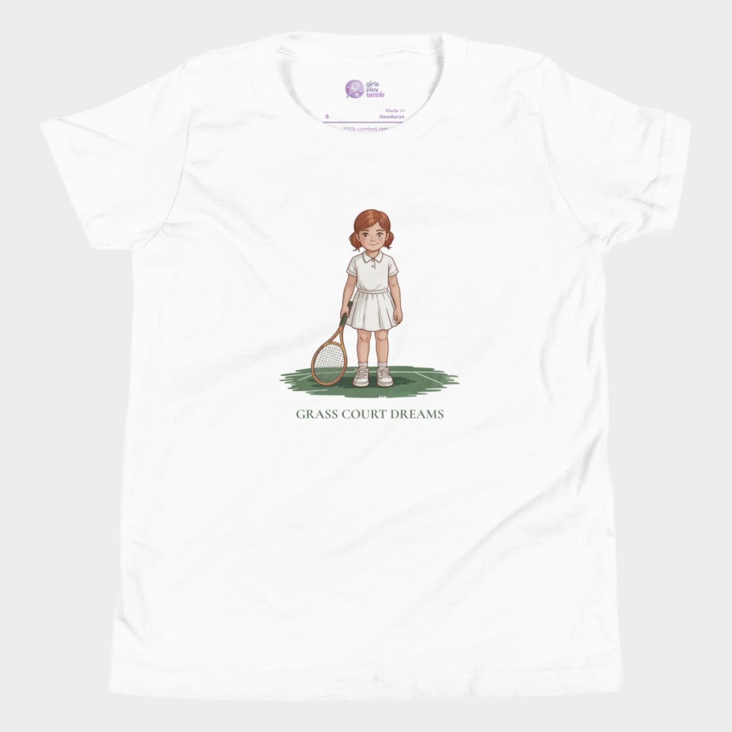 White girls tennis t-shirt with illustrated girl holding vintage racket – Grass Court Dreams design from Grass Court Collection