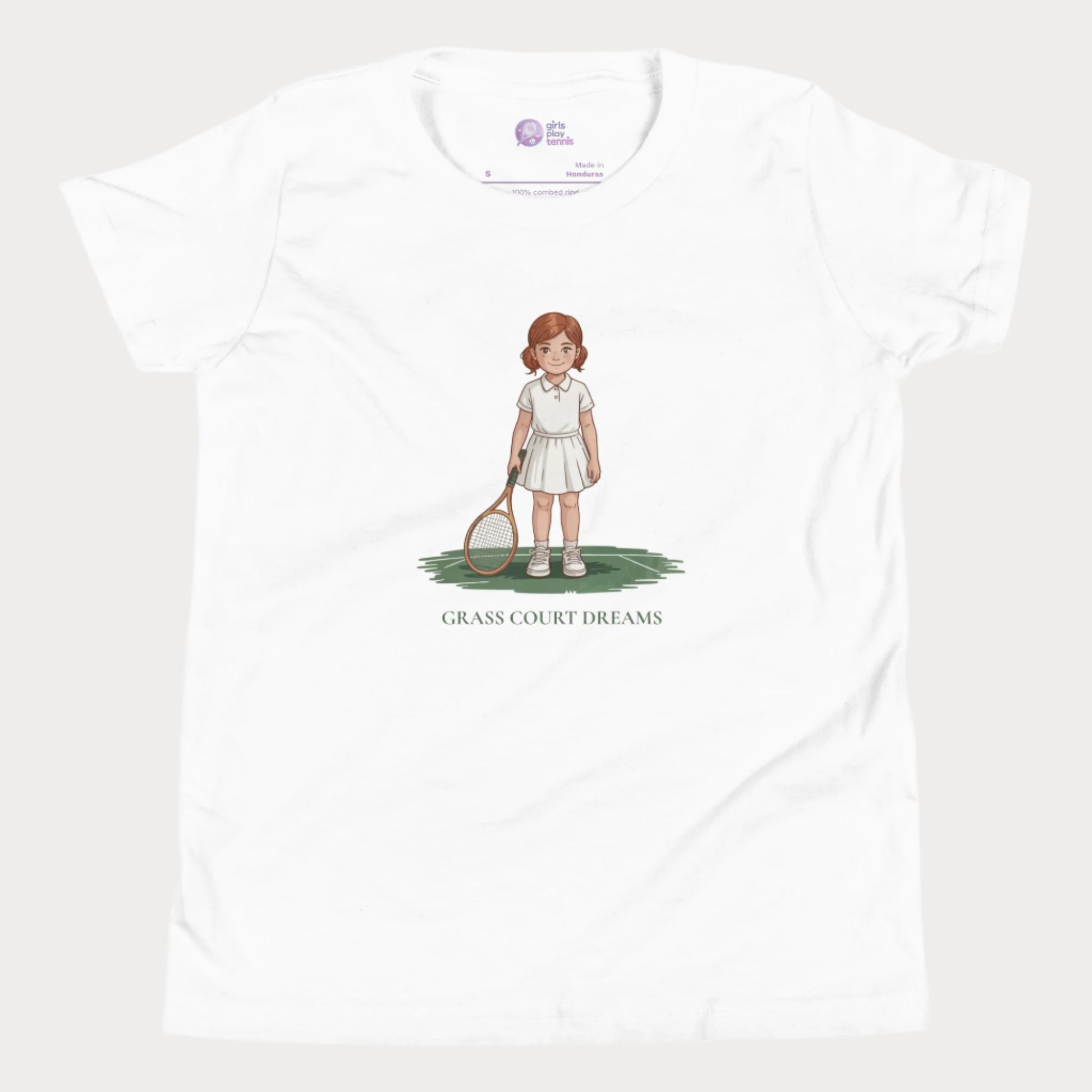 White girls tennis t-shirt with illustrated girl holding vintage racket – Grass Court Dreams design from Grass Court Collection