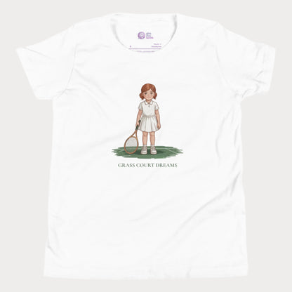 White girls tennis t-shirt with illustrated girl holding vintage racket – Grass Court Dreams design from Grass Court Collection