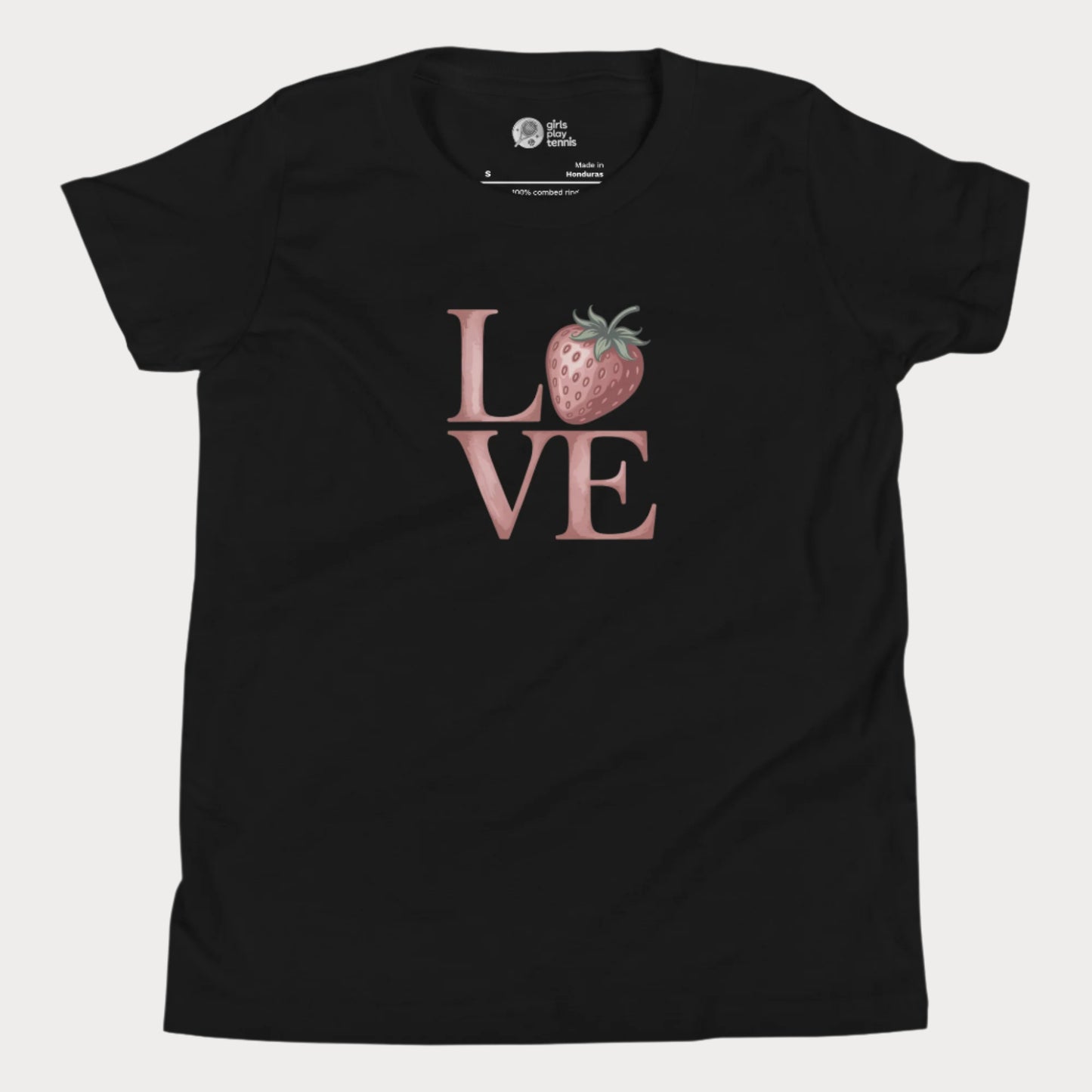 Black girls tennis t-shirt with strawberry ‘LOVE’ design – part of Grass Court Collection
