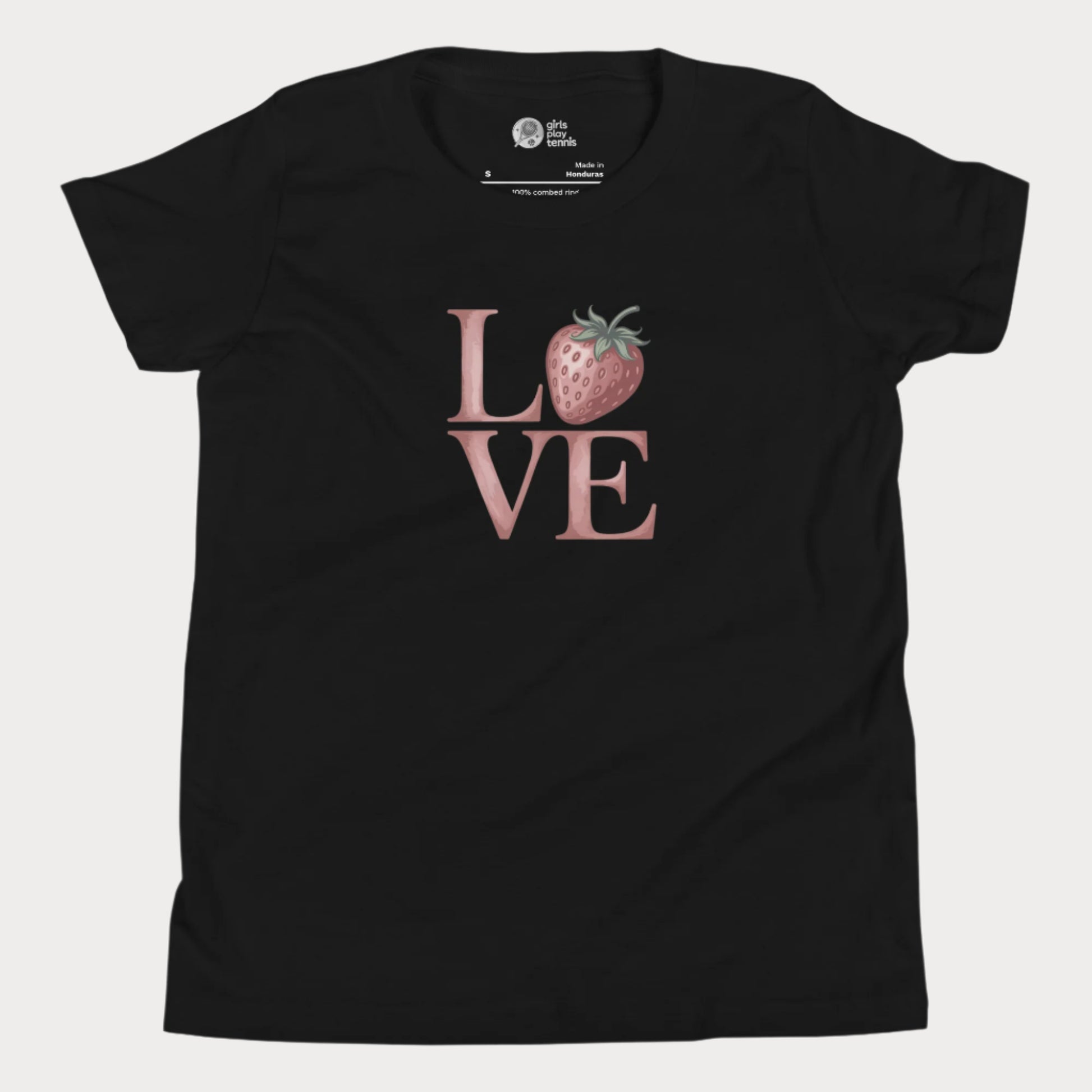 Black girls tennis t-shirt with strawberry ‘LOVE’ design – part of Grass Court Collection