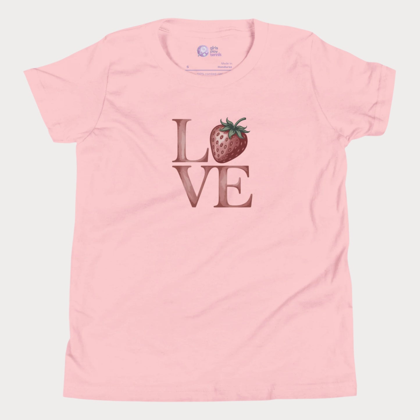 Pink girls tennis t-shirt with strawberry ‘LOVE’ design – part of Grass Court Collection