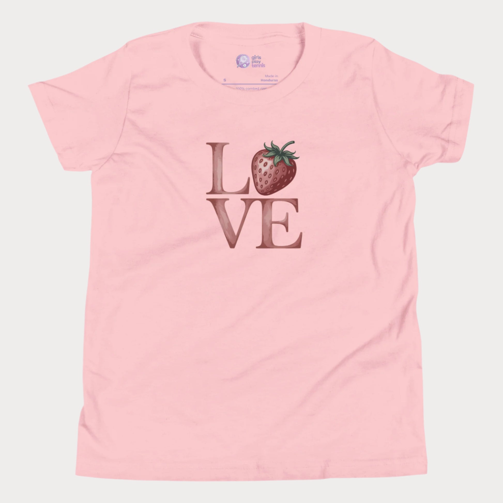 Pink girls tennis t-shirt with strawberry ‘LOVE’ design – part of Grass Court Collection