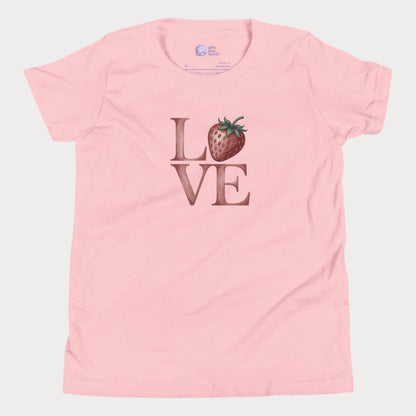 Pink girls tennis t-shirt with strawberry ‘LOVE’ design – part of Grass Court Collection