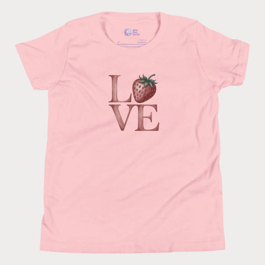 Pink girls tennis t-shirt with strawberry ‘LOVE’ design – part of Grass Court Collection