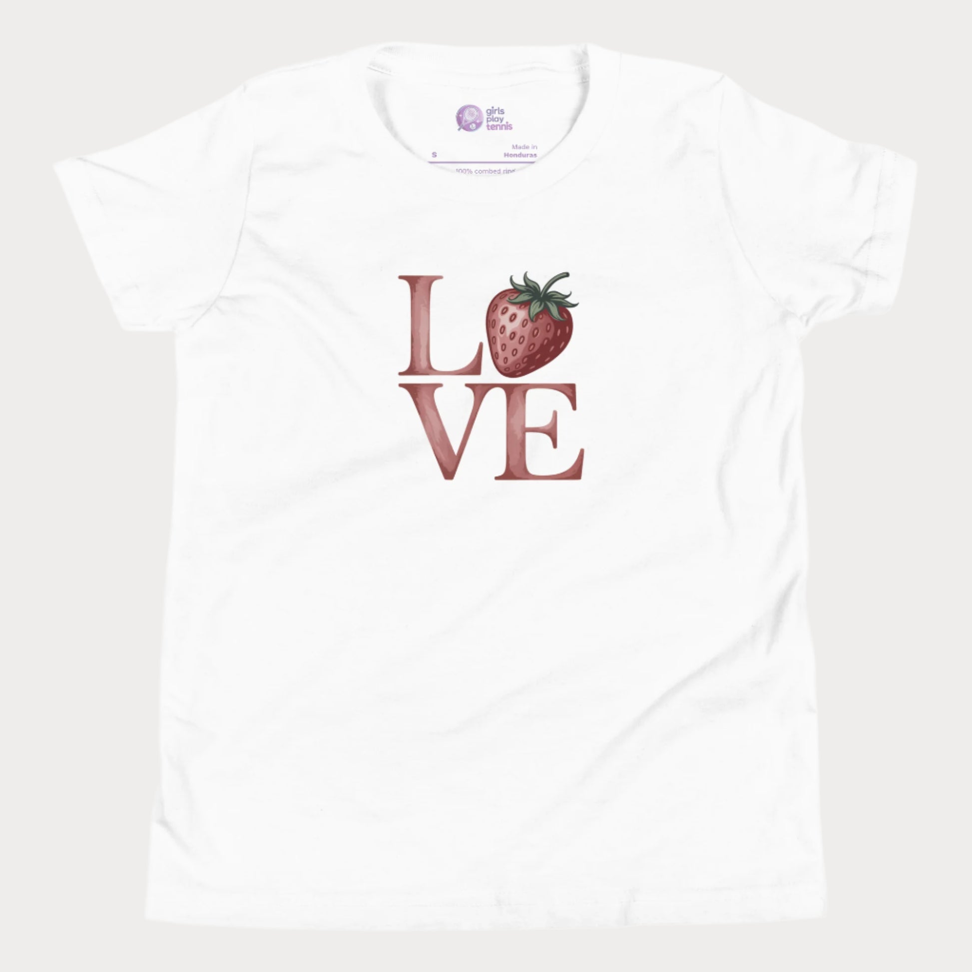 White girls tennis t-shirt with strawberry ‘LOVE’ design – part of Grass Court Collection