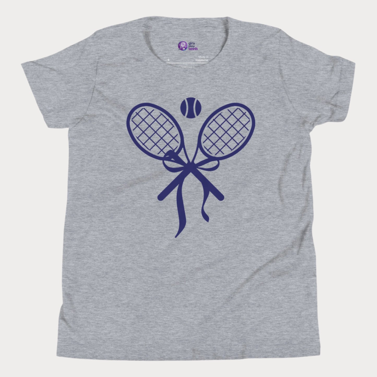 Cute girls' tennis t-shirt in heather grey featuring a stylish design of two crossed tennis rackets tied with a bow and a tennis ball above.