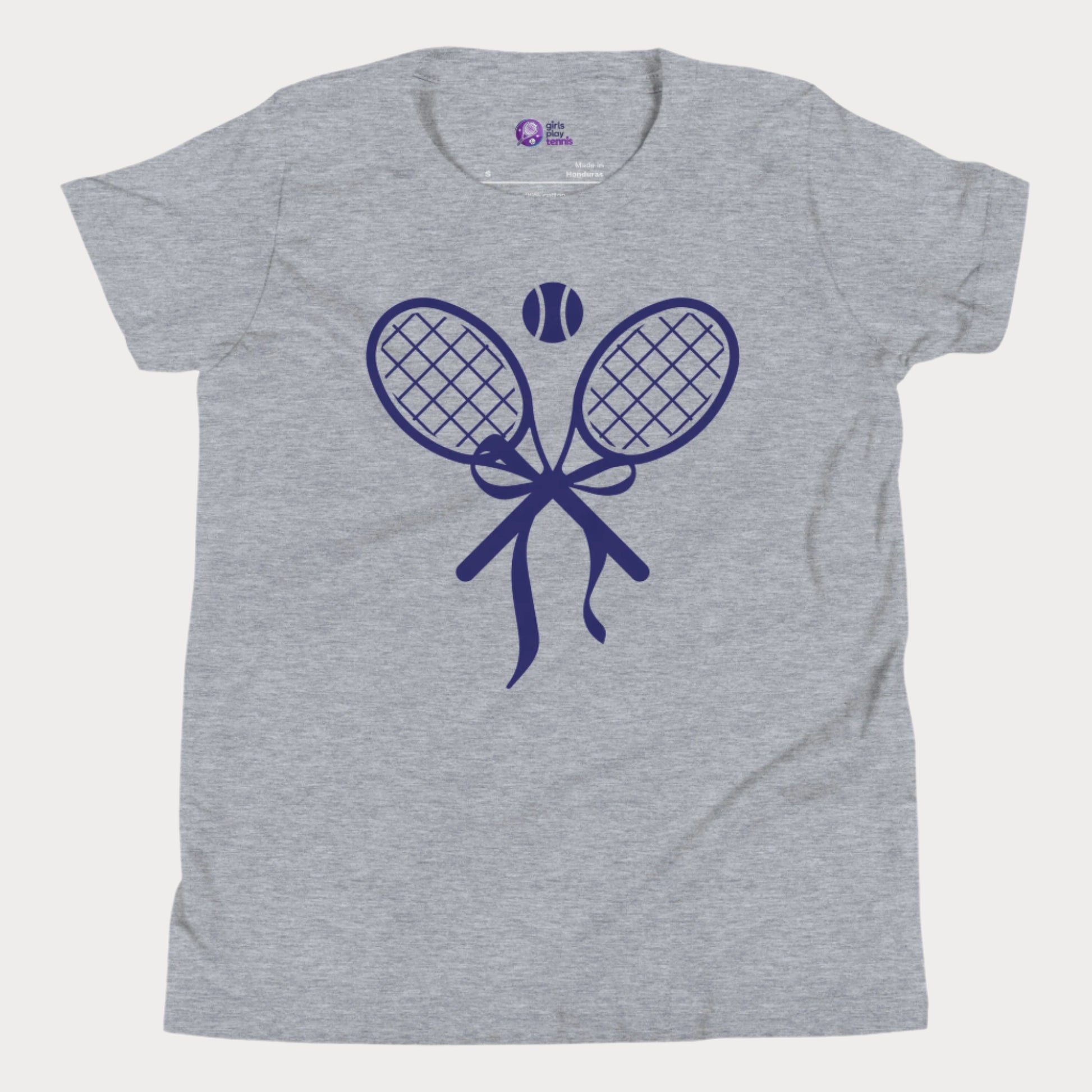 Cute girls' tennis t-shirt in heather grey featuring a stylish design of two crossed tennis rackets tied with a bow and a tennis ball above.
