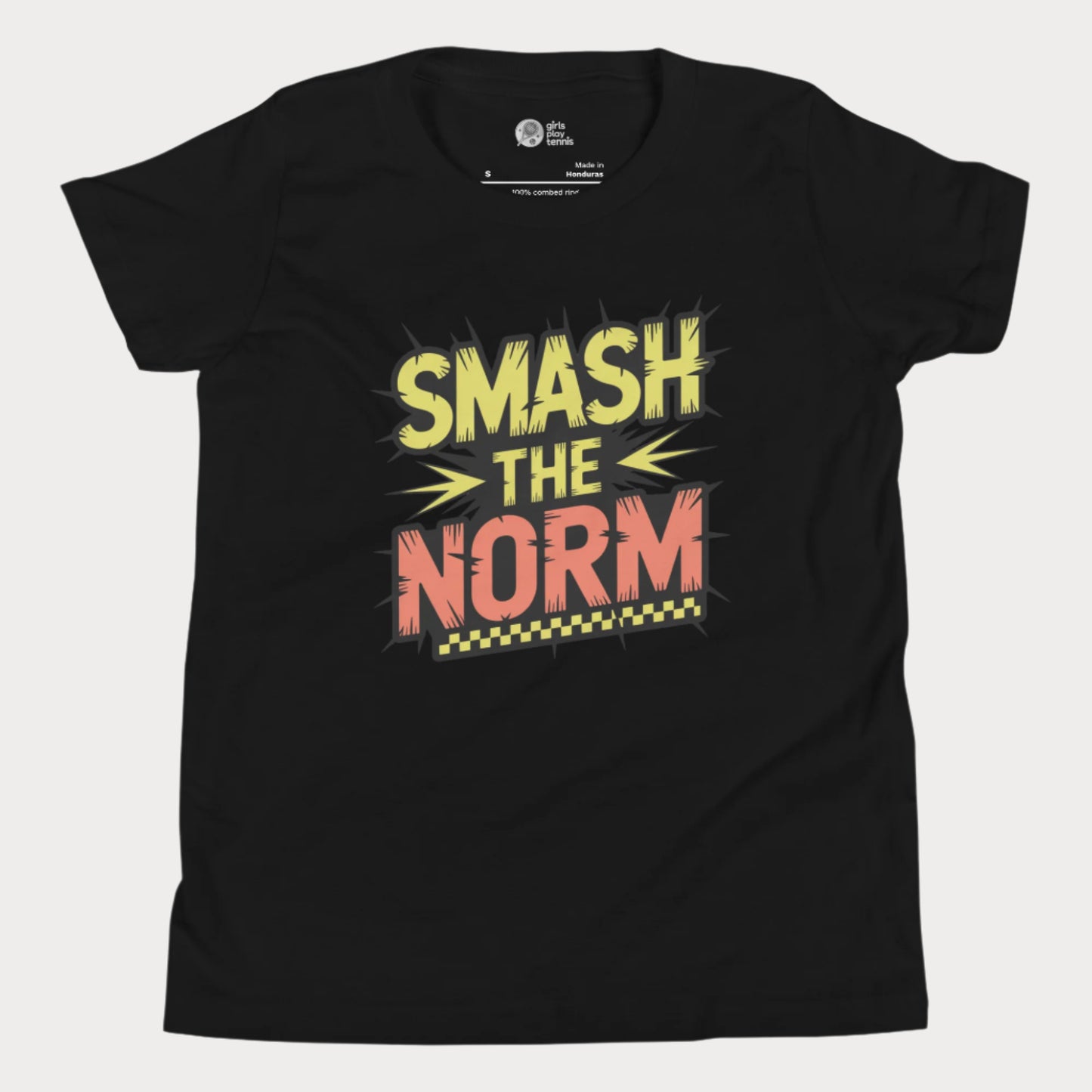 Black girls tennis t-shirt with bold comic-style "Smash the Norm" graphic – empowering tennis top for girls