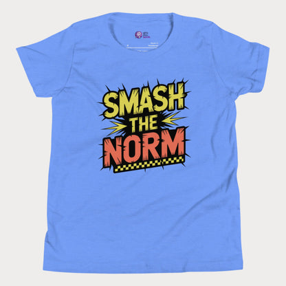 Blue girls tennis t-shirt with bold comic-style "Smash the Norm" graphic – empowering tennis top for girls