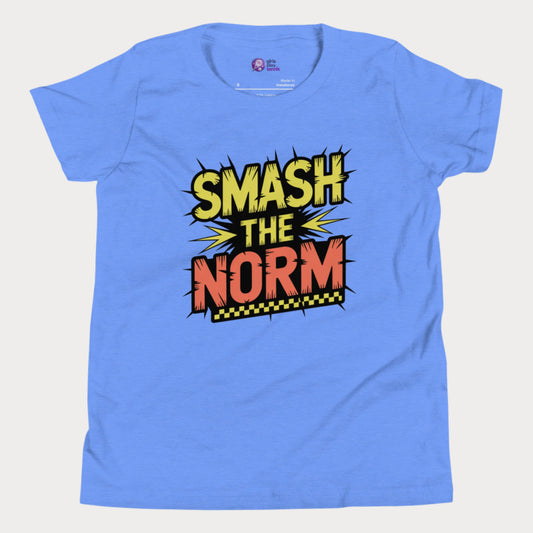 Blue girls tennis t-shirt with bold comic-style "Smash the Norm" graphic – empowering tennis top for girls