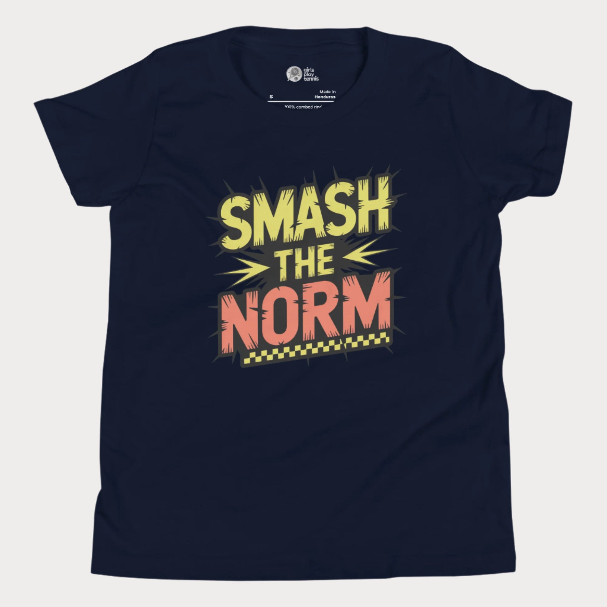 Navy girls tennis t-shirt with bold comic-style "Smash the Norm" graphic – empowering tennis top for girls