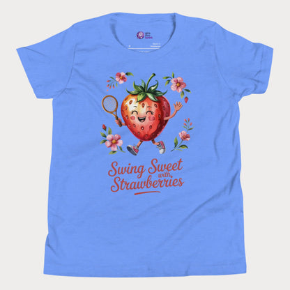 Blue girls tennis t-shirt with a smiling strawberry holding a tennis racket surrounded by pink flowers and the phrase ‘Swing Sweet with Strawberries’