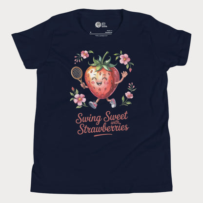 Navy girls tennis t-shirt with a smiling strawberry holding a tennis racket surrounded by pink flowers and the phrase ‘Swing Sweet with Strawberries’