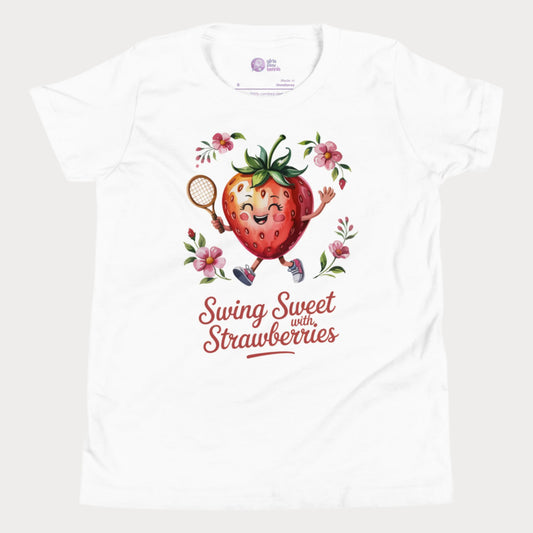 White girls tennis t-shirt with a smiling strawberry holding a tennis racket surrounded by pink flowers and the phrase ‘Swing Sweet with Strawberries’