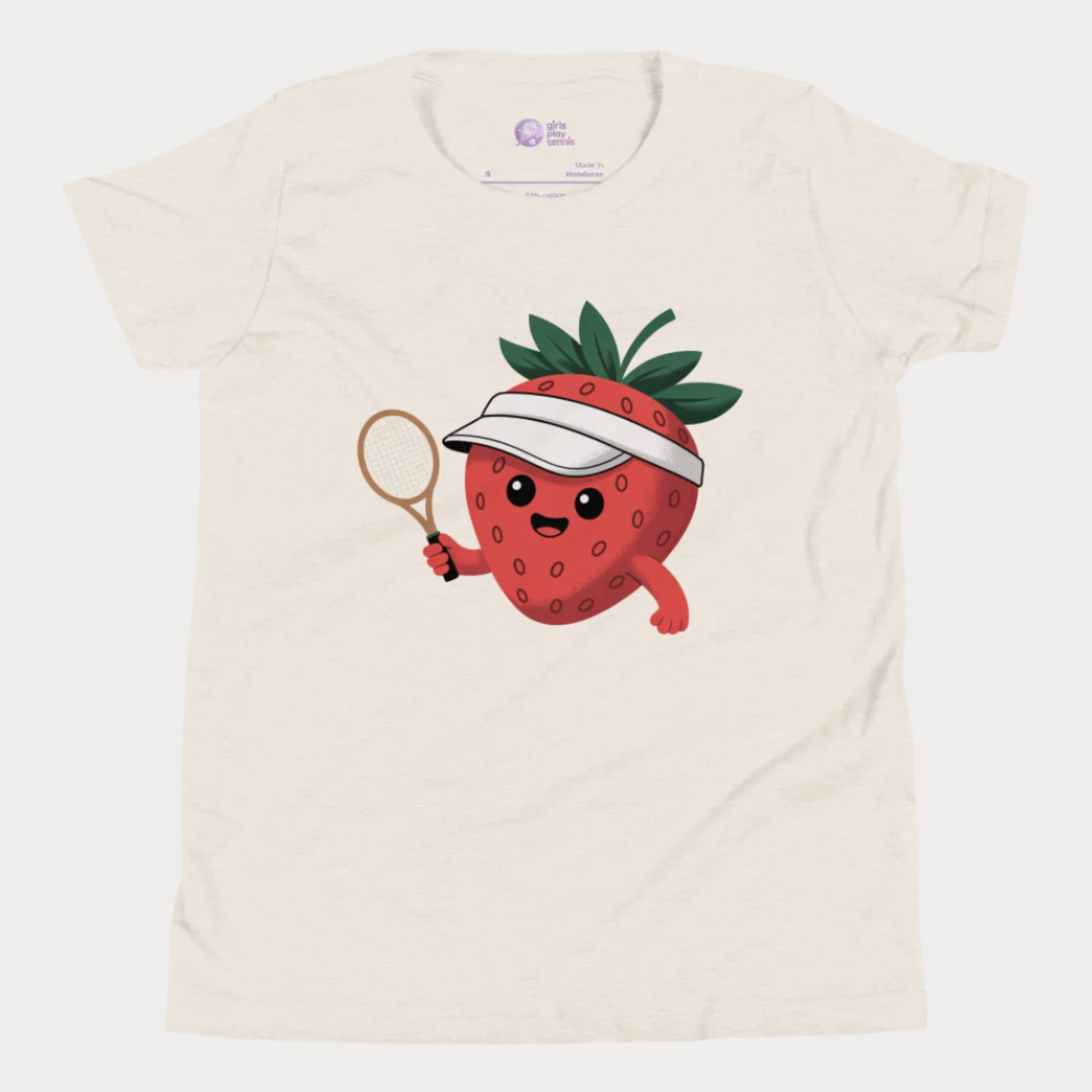 Beige girls tennis t-shirt with a smiling strawberry in a visor holding a tennis racket, minimal cute design