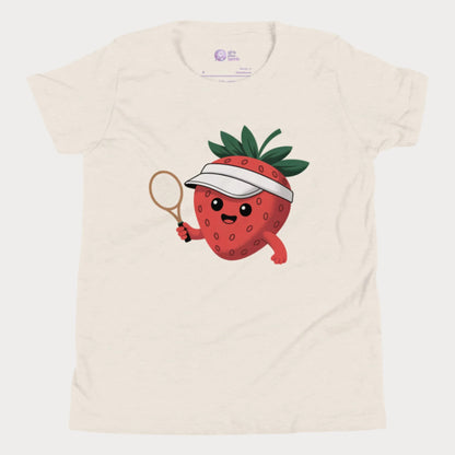 Beige girls tennis t-shirt with a smiling strawberry in a visor holding a tennis racket, minimal cute design