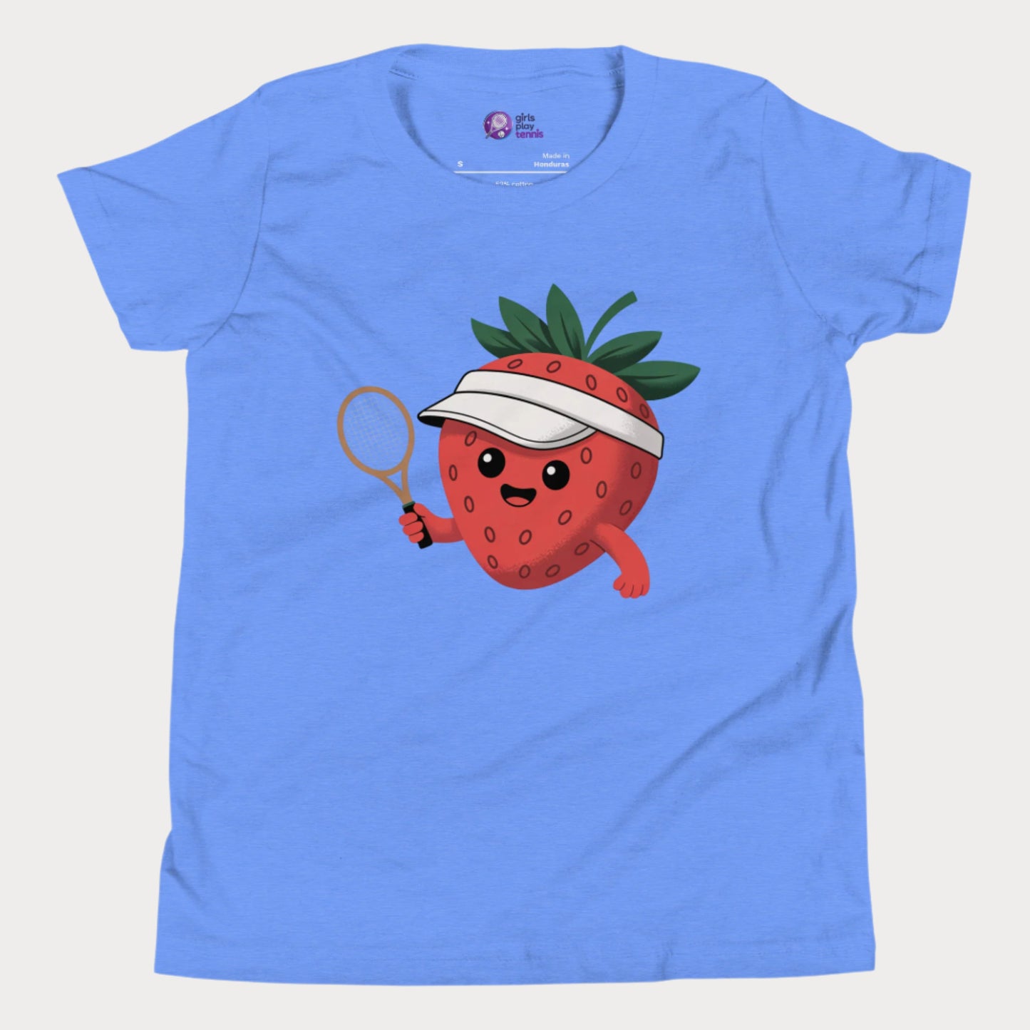 Blue girls tennis t-shirt with a smiling strawberry in a visor holding a tennis racket, minimal cute design