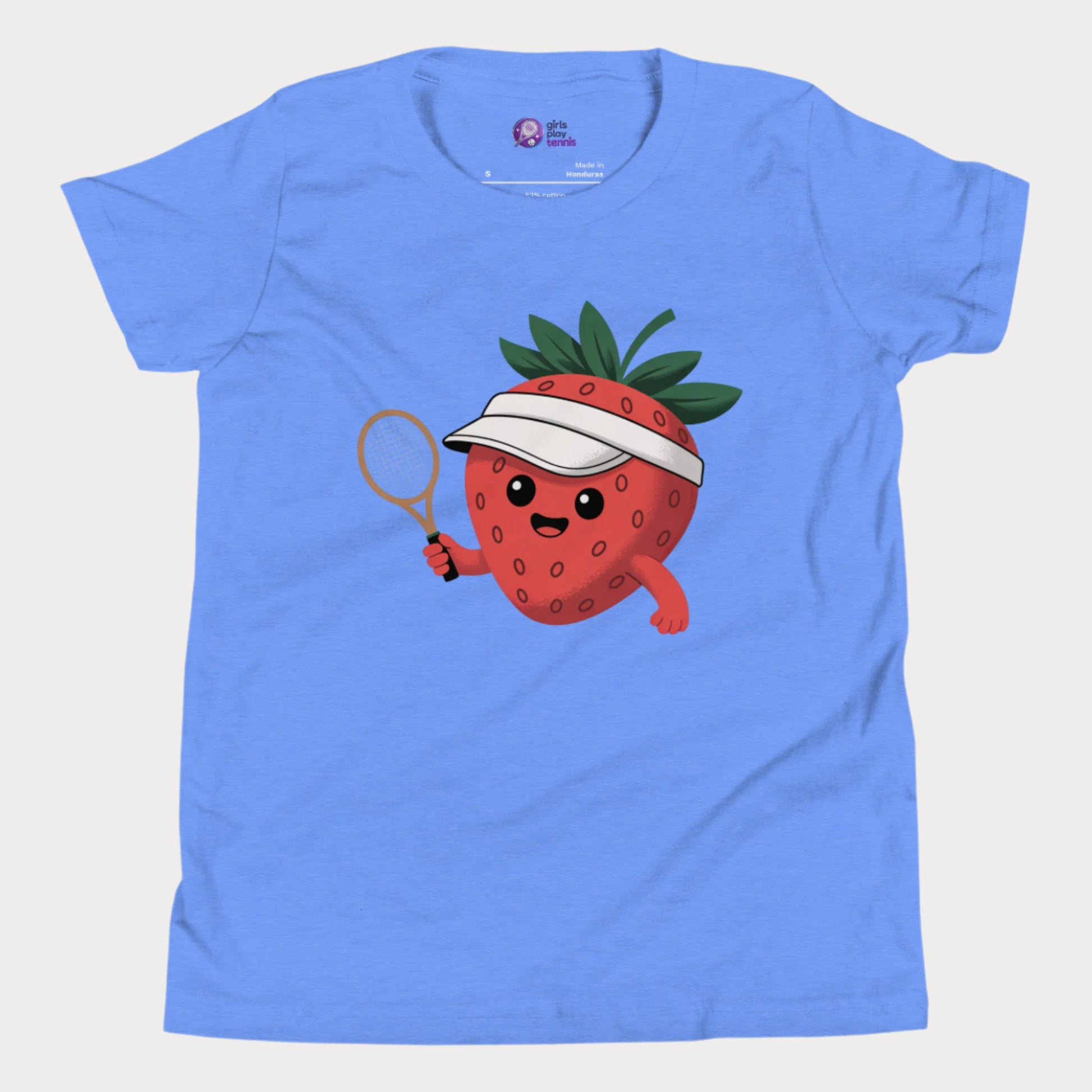 Blue girls tennis t-shirt with a smiling strawberry in a visor holding a tennis racket, minimal cute design