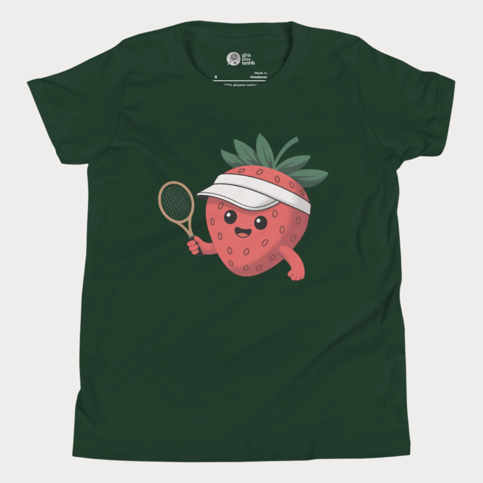 Green girls tennis t-shirt with a smiling strawberry in a visor holding a tennis racket, minimal cute design.