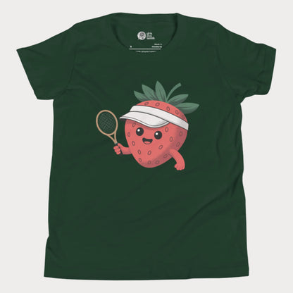 Green girls tennis t-shirt with a smiling strawberry in a visor holding a tennis racket, minimal cute design.