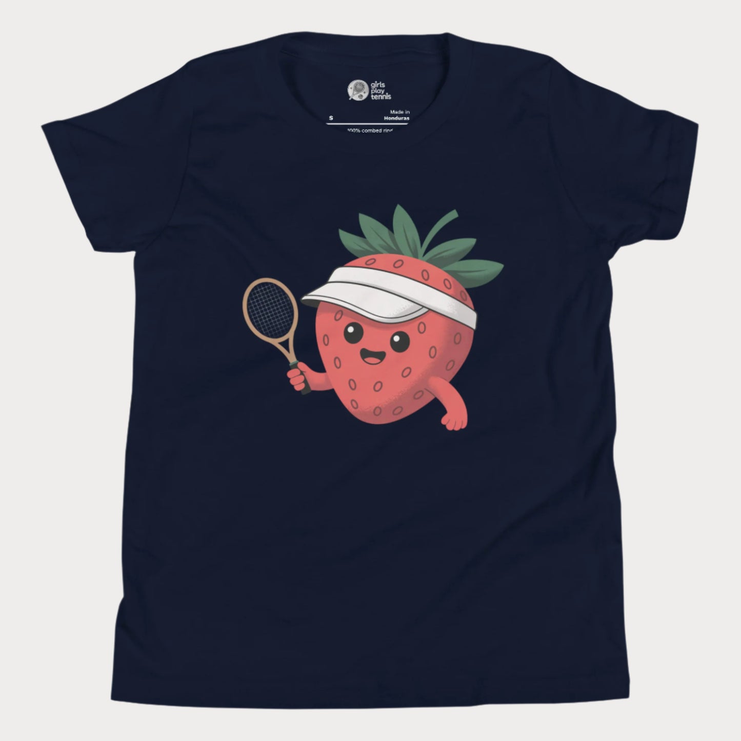 Navy girls tennis t-shirt with a smiling strawberry in a visor holding a tennis racket, minimal cute design