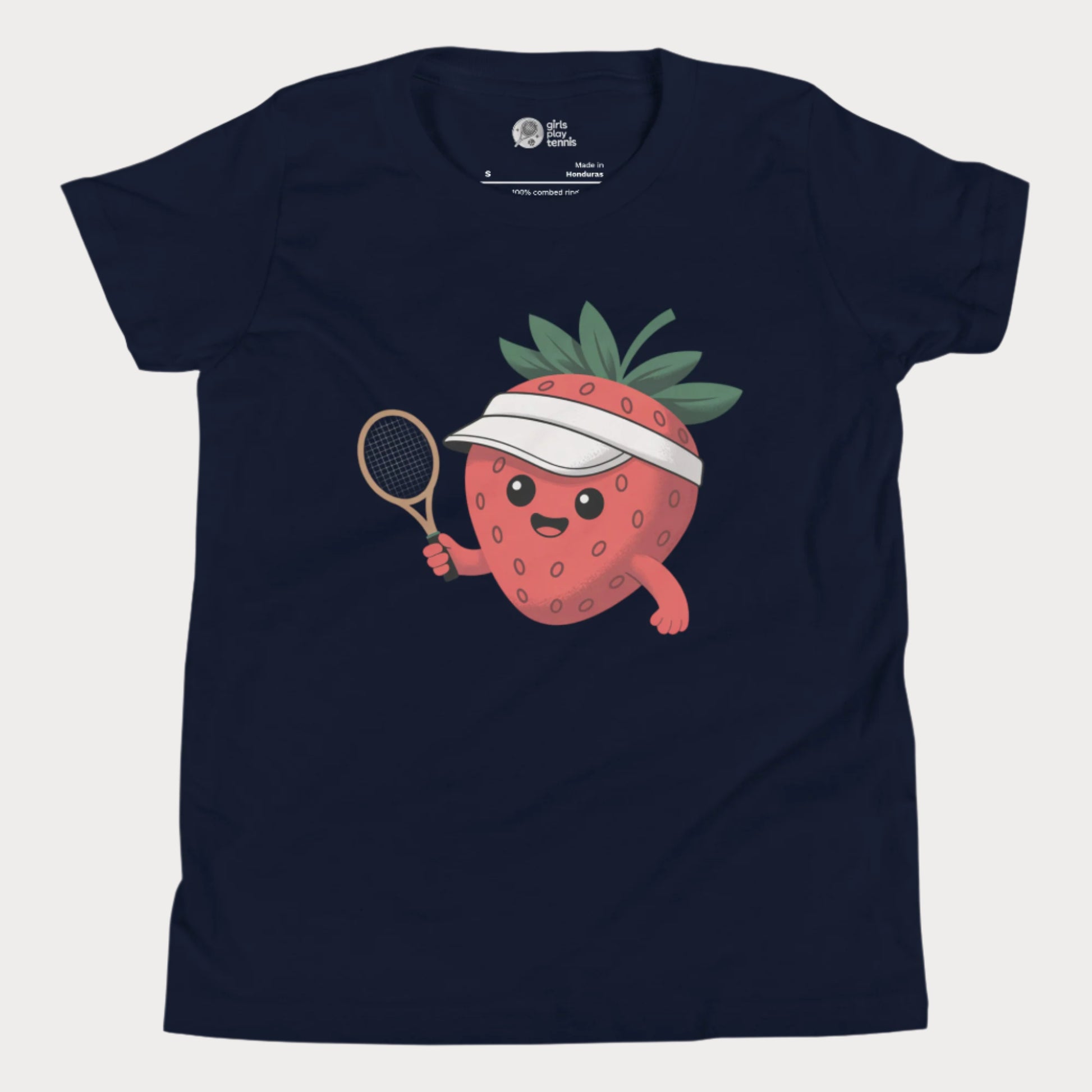 Navy girls tennis t-shirt with a smiling strawberry in a visor holding a tennis racket, minimal cute design