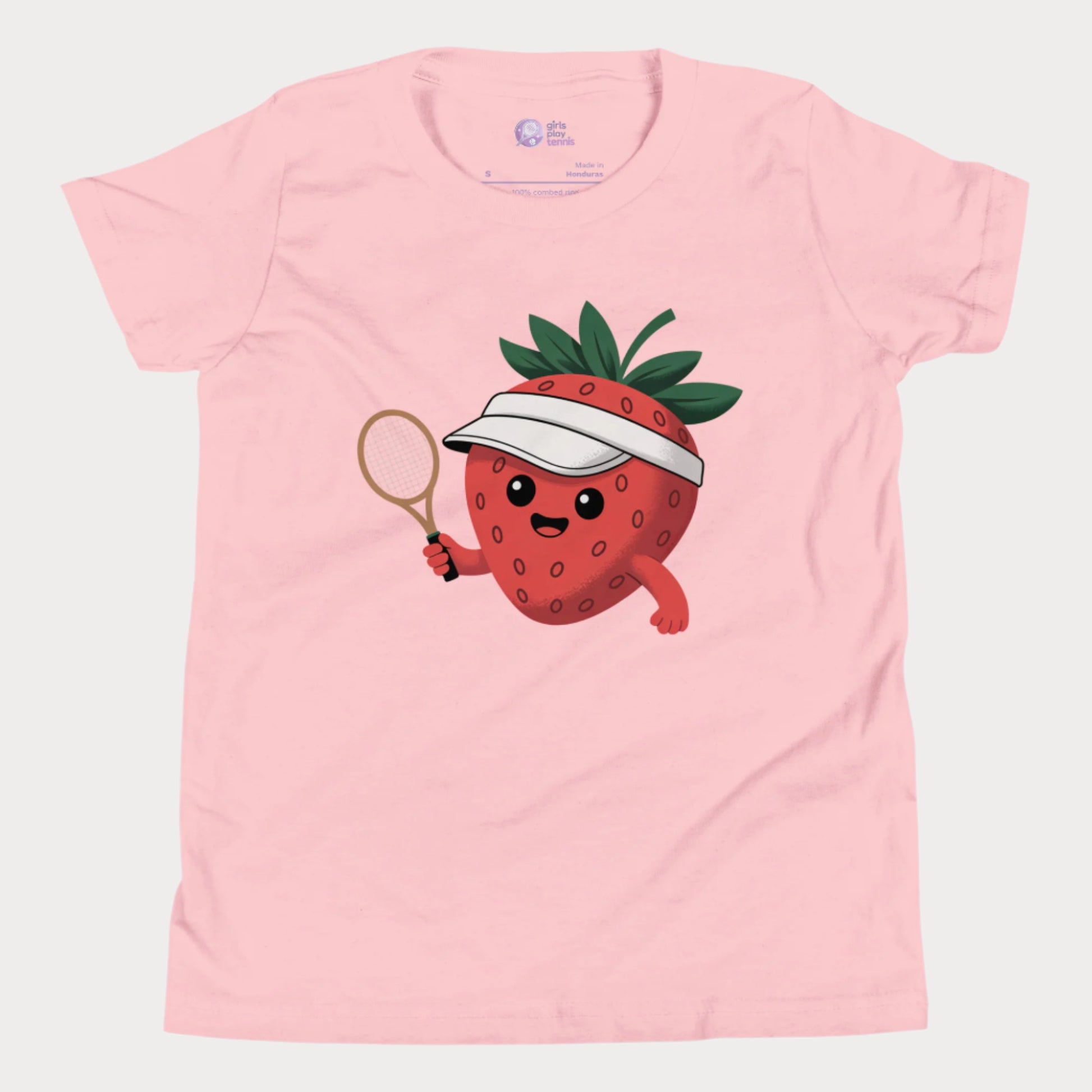 Pink girls tennis t-shirt with a smiling strawberry in a visor holding a tennis racket, minimal cute design