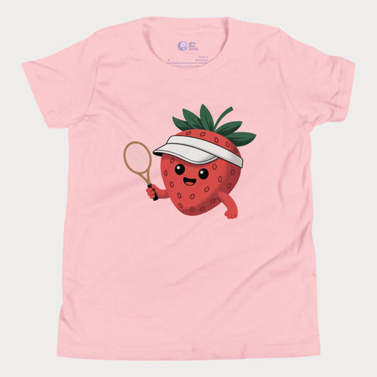 Pink girls tennis t-shirt with a smiling strawberry in a visor holding a tennis racket, minimal cute design