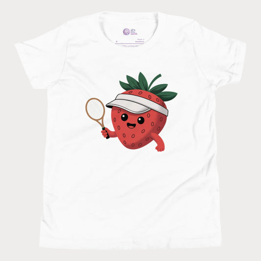 White girls tennis t-shirt with a smiling strawberry in a visor holding a tennis racket, minimal cute design