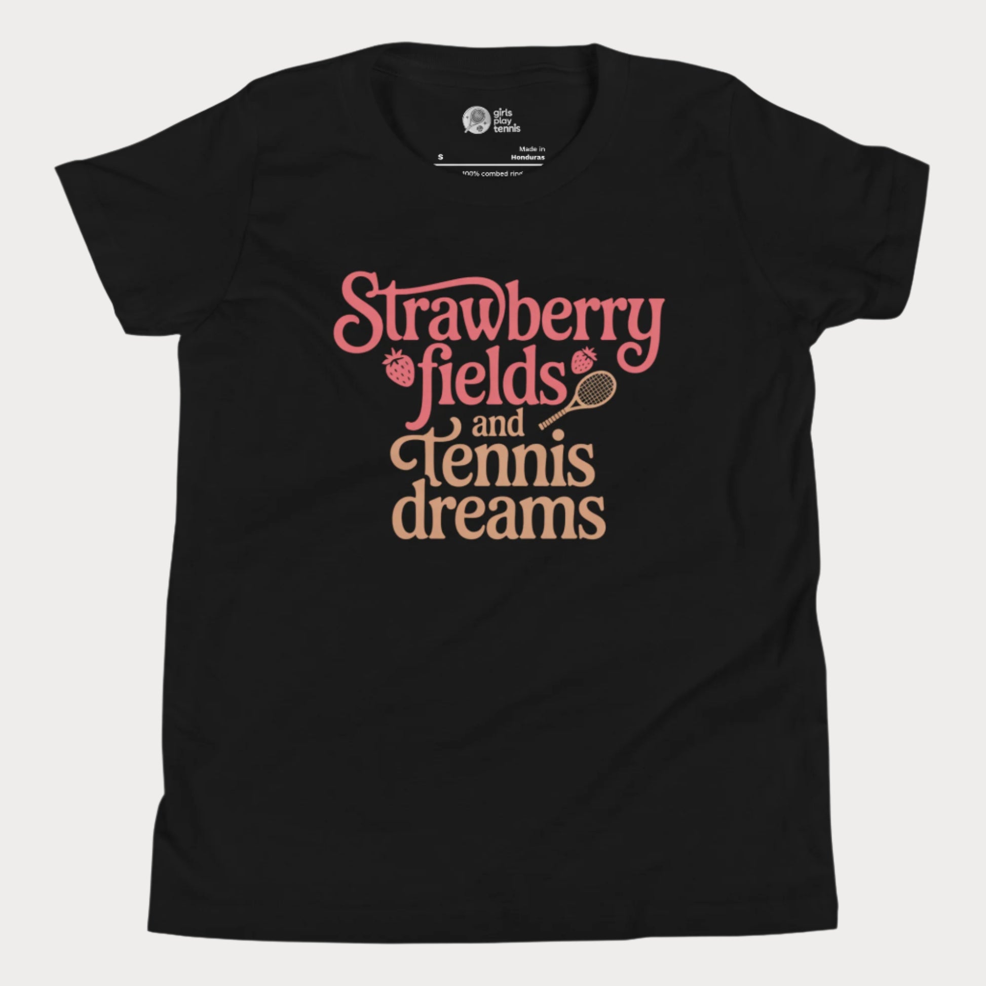 Black girls tennis t-shirt with retro text that reads ‘Strawberry fields and tennis dreams’ with tennis and strawberry icons