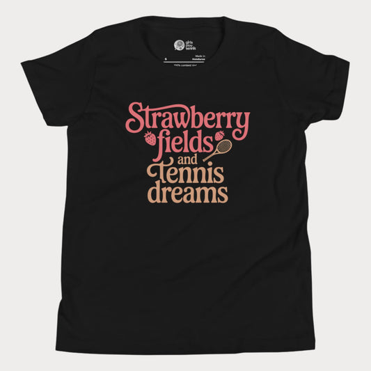 Black girls tennis t-shirt with retro text that reads ‘Strawberry fields and tennis dreams’ with tennis and strawberry icons