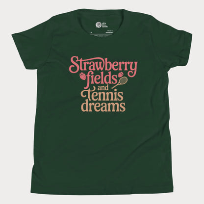 Green girls tennis t-shirt with retro text that reads ‘Strawberry fields and tennis dreams’ with tennis and strawberry icons