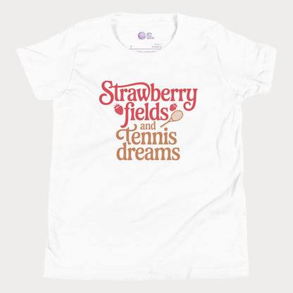 White girls tennis t-shirt with retro text that reads ‘Strawberry fields and tennis dreams’ with tennis and strawberry icons