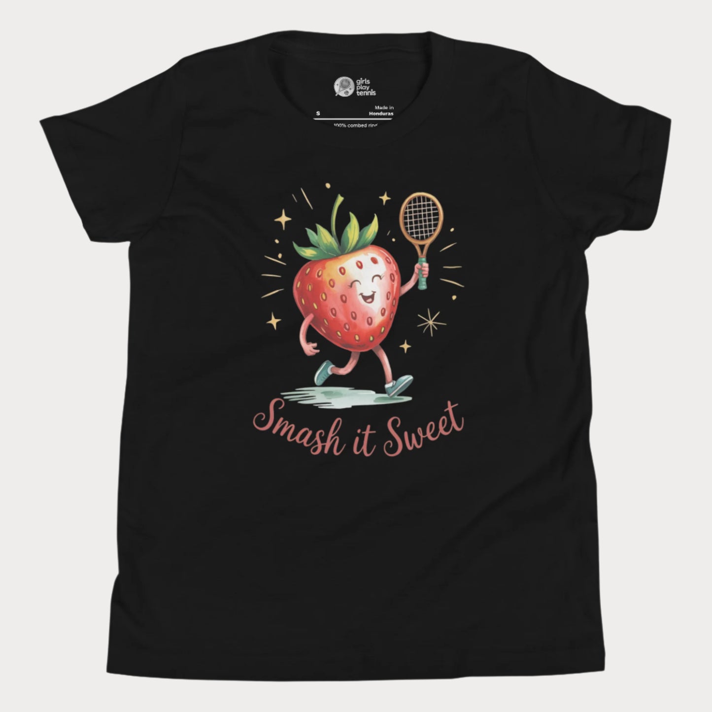 Black girls tennis t-shirt with cartoon strawberry holding tennis racket and “Smash it Sweet” slogan