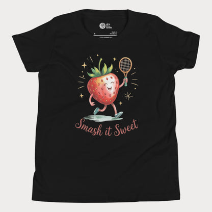 Black girls tennis t-shirt with cartoon strawberry holding tennis racket and “Smash it Sweet” slogan