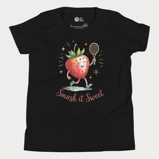 Black girls tennis t-shirt with cartoon strawberry holding tennis racket and “Smash it Sweet” slogan