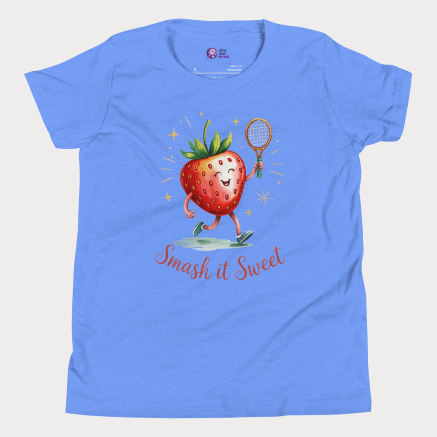 Blue girls tennis t-shirt with cartoon strawberry holding tennis racket and “Smash it Sweet” slogan