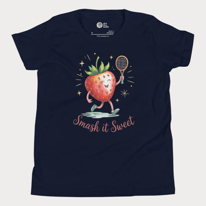 Navy girls tennis t-shirt with cartoon strawberry holding tennis racket and “Smash it Sweet” slogan