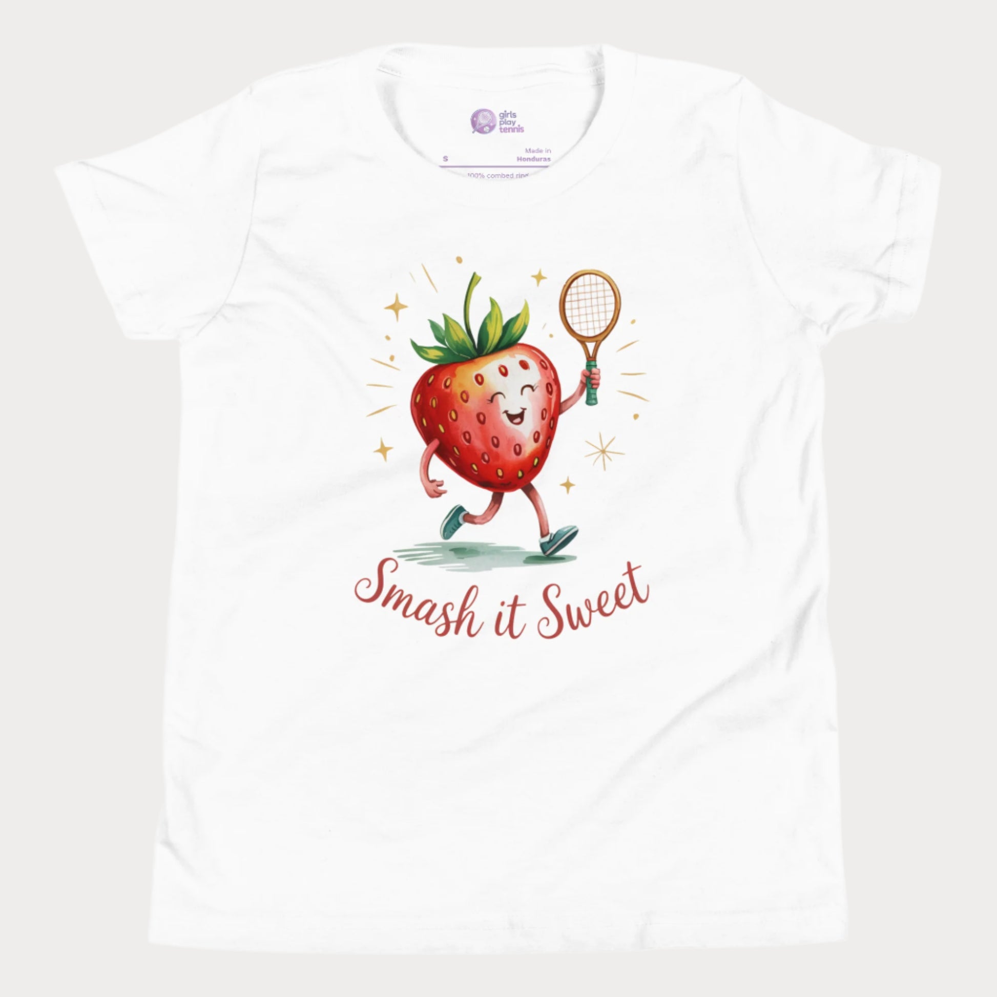 White girls tennis t-shirt with cartoon strawberry holding tennis racket and “Smash it Sweet” slogan