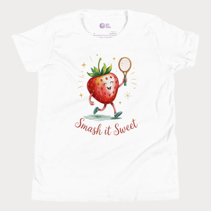 White girls tennis t-shirt with cartoon strawberry holding tennis racket and “Smash it Sweet” slogan
