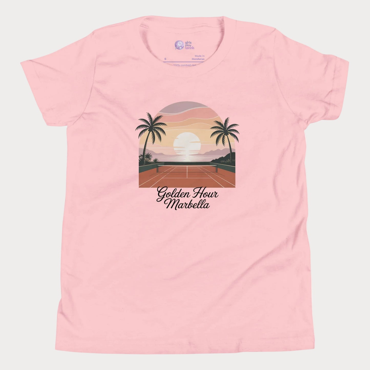 Golden Hour Marbella girls and women’s tennis tee in pink with sunset clay court graphic premium cotton shirt