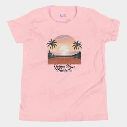 Golden Hour Marbella girls and women’s tennis tee in pink with sunset clay court graphic premium cotton shirt
