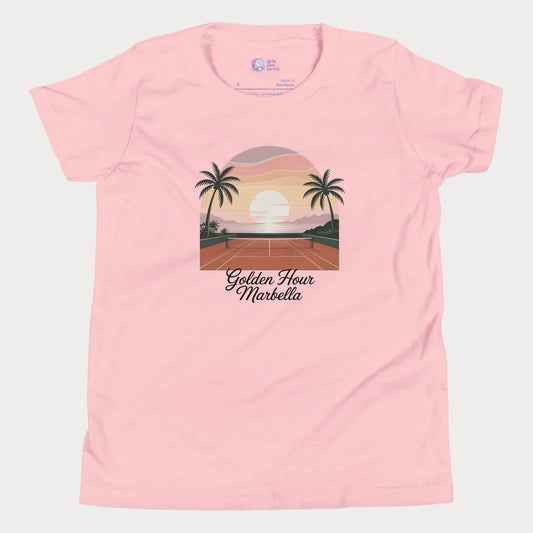 Golden Hour Marbella girls and women’s tennis tee in pink with sunset clay court graphic premium cotton shirt