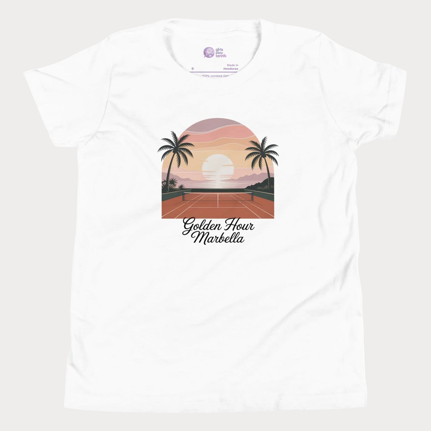 Golden Hour Marbella girls and women’s tennis tee in white with sunset clay court graphic premium cotton shirt
