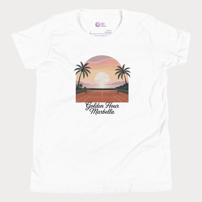 Golden Hour Marbella girls and women’s tennis tee in white with sunset clay court graphic premium cotton shirt