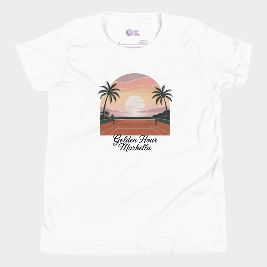 Golden Hour Marbella girls and women’s tennis tee in white with sunset clay court graphic premium cotton shirt