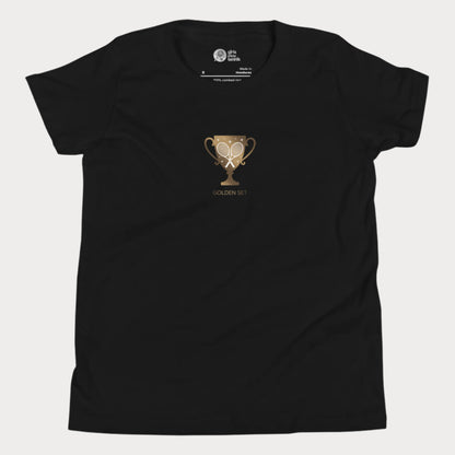 Minimalist Girls Play Tennis Golden Set t-shirt with golden trophy and crossed rackets, girls’ hard court season tennis shirt