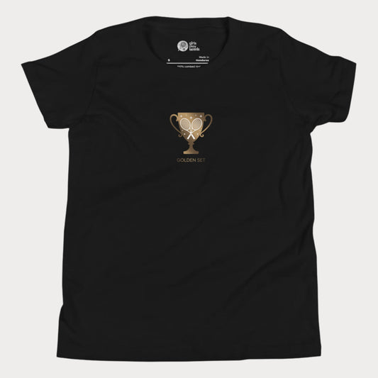 Minimalist Girls Play Tennis Golden Set t-shirt with golden trophy and crossed rackets, girls’ hard court season tennis shirt