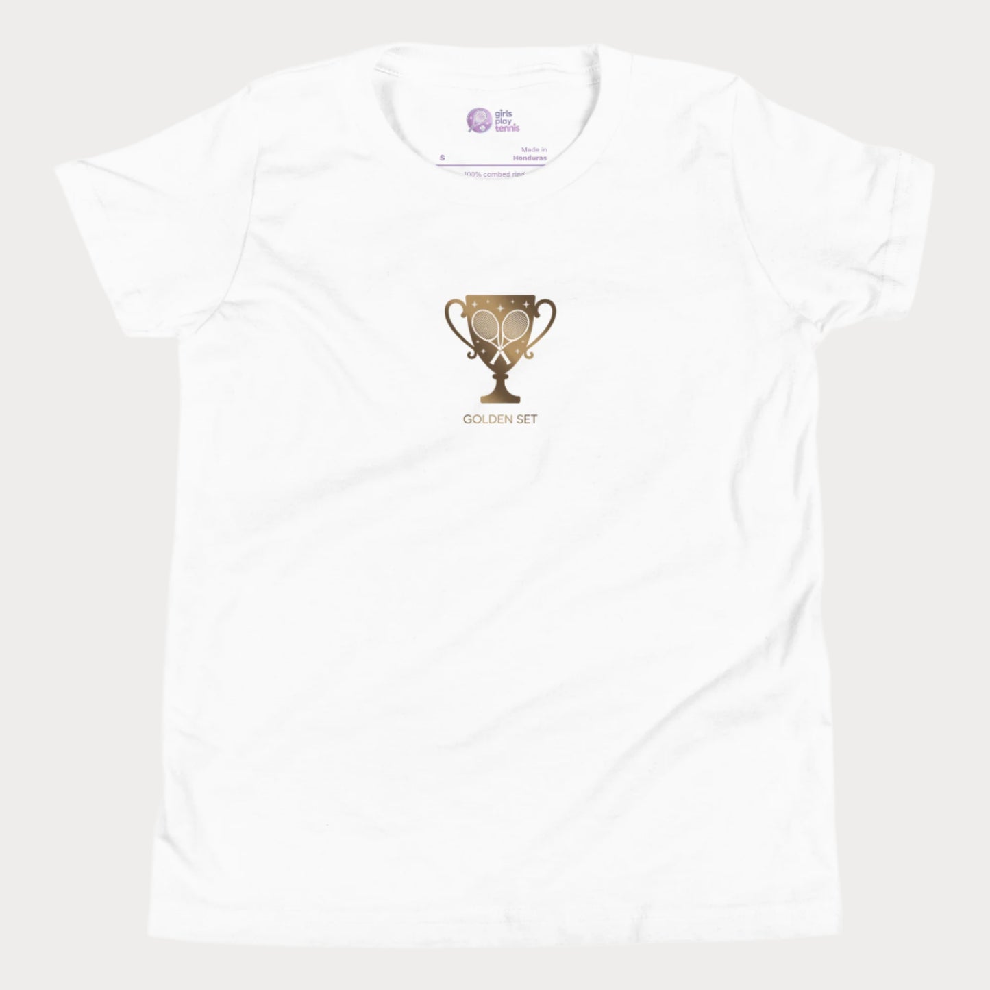 Minimalist Girls Play Tennis Golden Set t-shirt with golden trophy and crossed rackets, girls’ hard court season tennis shirt